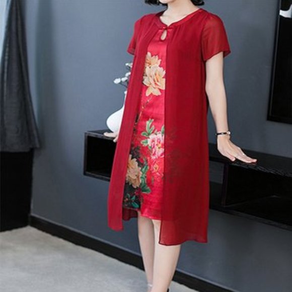 Red Floral Layered Shift Dress - Women - Picture 1 of 3